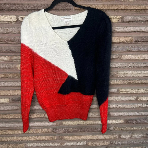 Michelle Stuart Black Red White Colorblock Wool Angora Blend Sweater Size 10 - Picture 6 of 7